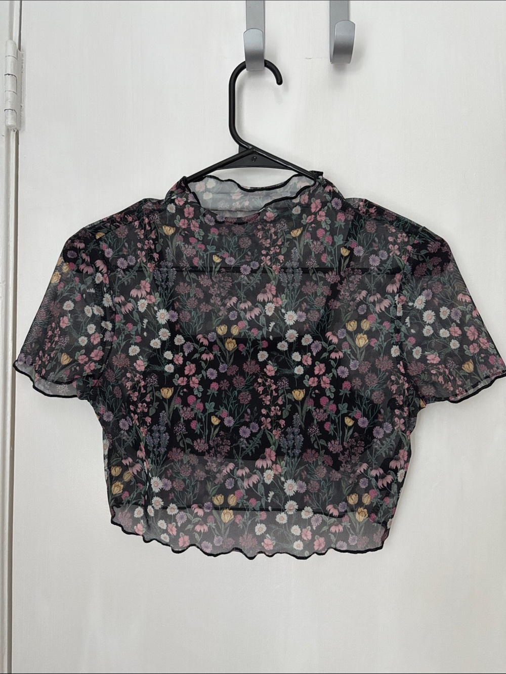Cider Black Floral Sheer Mesh Crop Top